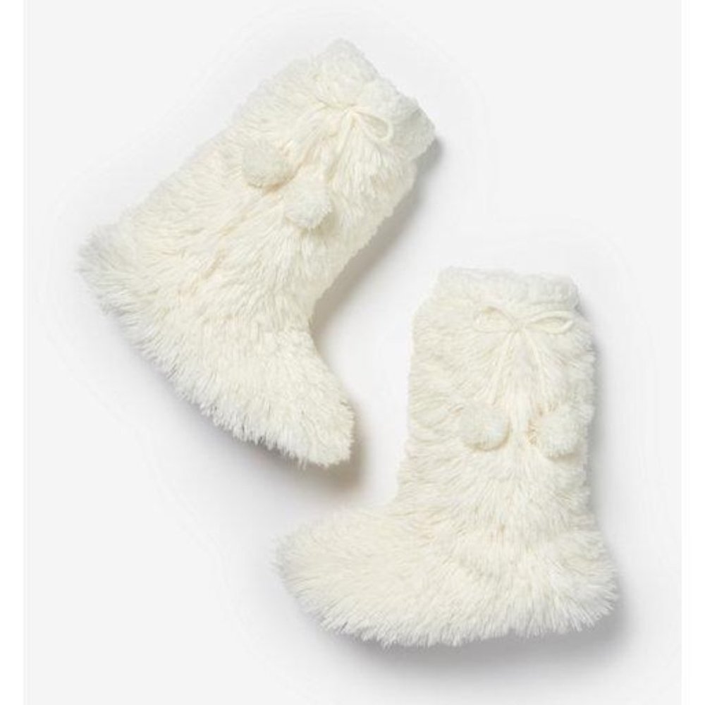 Express Women's White Fuzzy Pom Slipper Booties